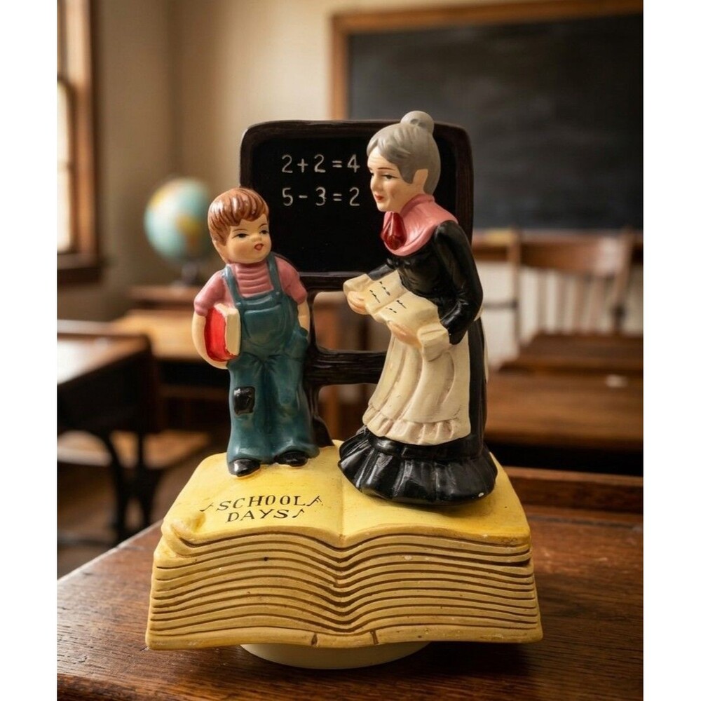 Vintage School Days Music Box Teacher Student Blackboard Rotating Desk Figurine